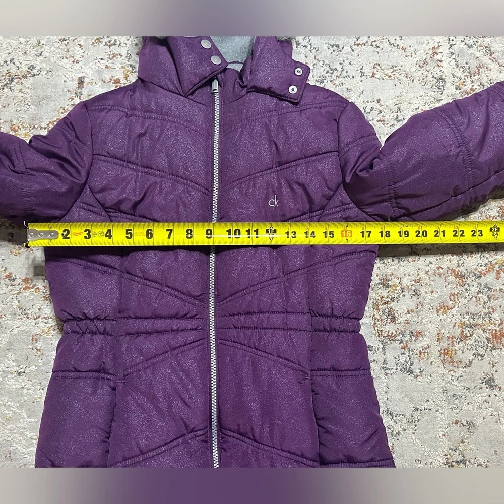 Calvin Klein Girls' Hooded Puffer Jacket purple faux fur trim hood size 12/14